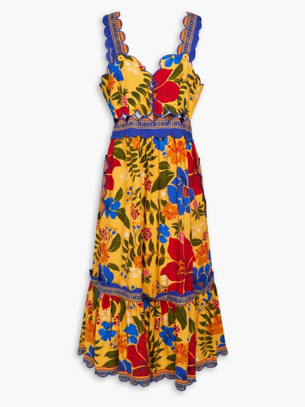 Farm Rio Cutout Floral Print Linen Blend Midi Dress